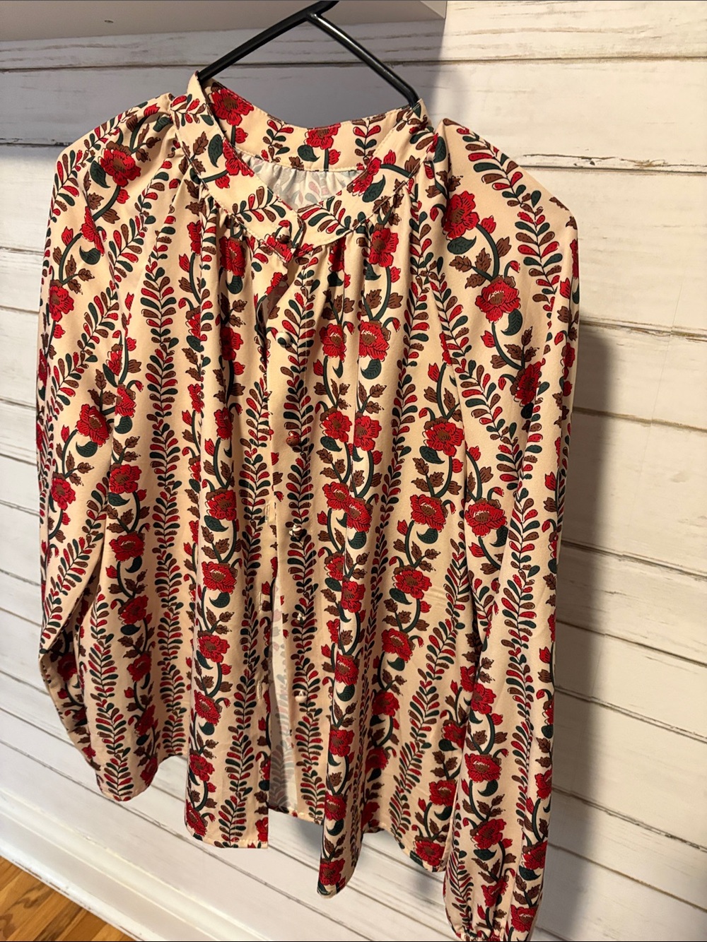 Red Floral Gathered-Neck Blouse in Cream